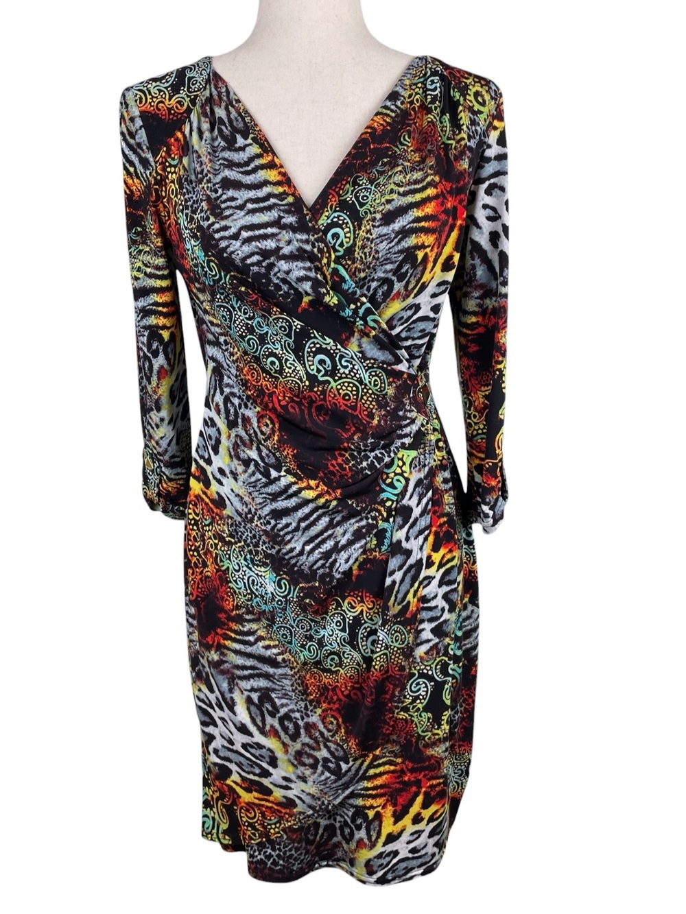 Vintage Joseph Ribkoff Rainbow Mixed Animal Print Faux Wrap Dress US Size 10